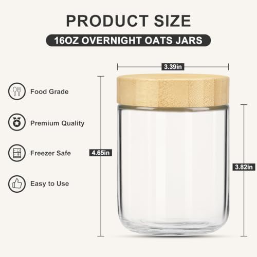 Overnight Oats Containers with Lids, 16oz Glass Jars with Bamboo Lids 6pcs
