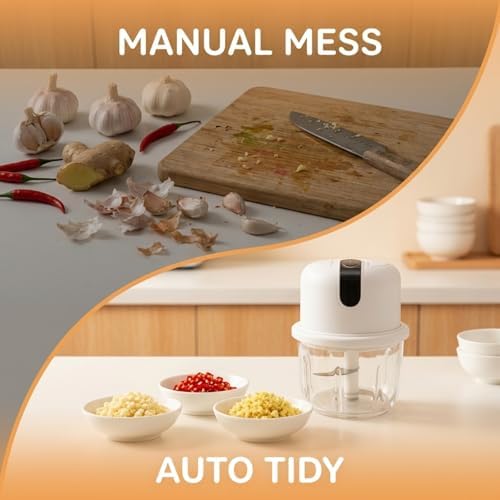 Mini Electric Garlic Chopper, 350ML Glass Bowl Food Processor, USB Rechargeable/Battery Operated Mincer with 3 Stainless Steel Blades for Garlic, Ginger, Chili, Nuts, White - Image 3