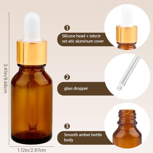 15mL Amber Glass Dropper Bottle,1/2 Oz Tincture Bottles with Dropper, Labels- Leak Proof Travel Eye Dropper Bottle,Suitable for Essential Oils, Laboratory Chemicals, Cologne, and Perfume - Image 2
