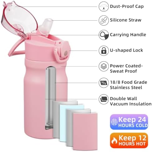 BJPKPK 14 oz Insulated Water Bottle, Straw, Handle, Stainless Steel Flask - Image 2