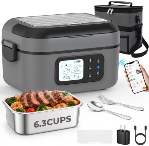Cordless Electric Lunch Box for Adults with APP Control, 27000mAh Battery Powered, 1.5L Portable Timer & Leak-Proof Warmer, Smart for Men Work Travel Truck (Gray)