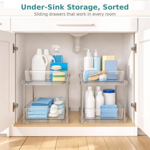 2-Tier Multi-Purpose Bathroom Under Sink Organizers and Storage, Stackable Kitchen Pantry Organization, Pull Out Medicine Cabinet Organizer with Movable Dividers, Clear, 2 Pack