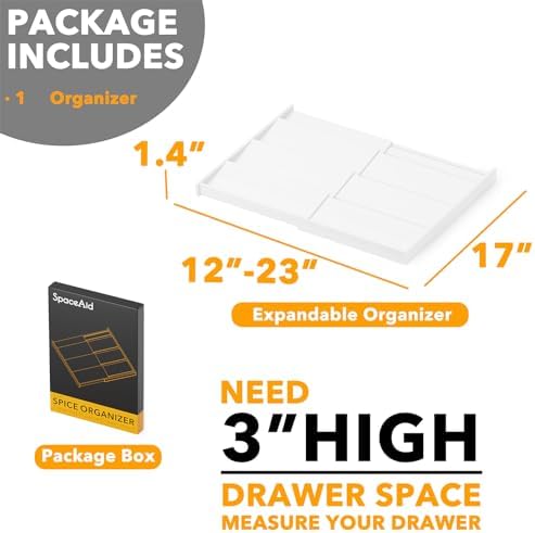 Bamboo White Spice Drawer Organizer, (Need 3" Deep Drawer) Expandable 4 Tier Spices Rack for Cabinet, Kitchen Seasoning Storage Insert (Jars Not Included, From 12" to 23" Wide)