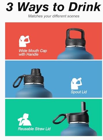 Half Gallon Water Bottle Insulated with Straw & 3 Leakproof Lids