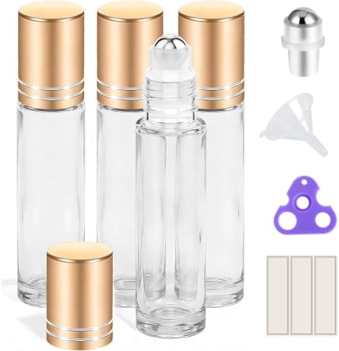 PrettyCare 4 Pack, 10 ml Essential Oil Roller Bottles with Stainless Steel Roller Ball - Refillable Leak-proof Empty Thick Clear Glass Roll on Bottles with Metal Caps for Travel, Perfume by PrettyCare