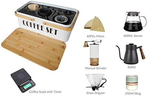 Pour Over Coffee Maker Set Coffee Kettle Scale Server Dripping Cup Bean Grinder Filter Paper Ceramic Cup ALL in 1 Great Portable Metal Box for Traveling Excellent Coffee Gift