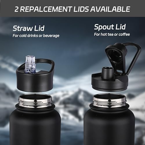 32 oz Insulated Water Bottle Stainless Steel Double Walled Vacuum Sports Water Bottle with 2 Lids (Straw and Spout Lid) for Gym Camping Hiking(Black,8)