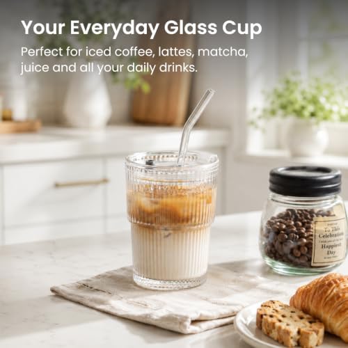 13oz Glass Tumbler with Lid and Straw 4 Pack - Ribbed Glass Cup Iced Coffee Glasses, Clear Leakproof Tumbler Cup for Smoothies, Iced Latte,Matcha, Cold Drinks