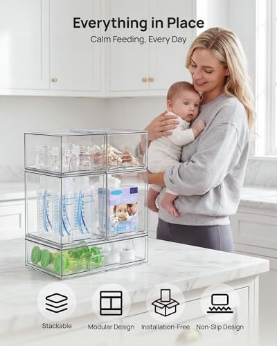 Clear Stackable Storage Drawers Set of 5, Plastic Organizer Bins