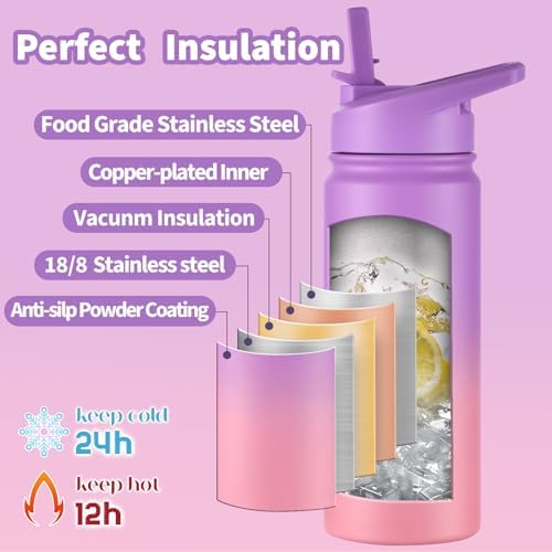 Kids Water Bottle for School, 16oz Stainless Steel Insulated Water Bottle Kids with Straw Lid for Girls, Boys (Purple/Pink)