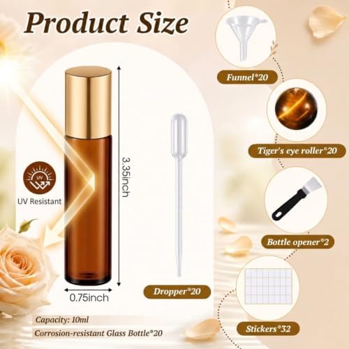 20 Pack Glass Roller Bottles for Essential Oils, 10ml, Gold, Tiger's Eye - Image 4