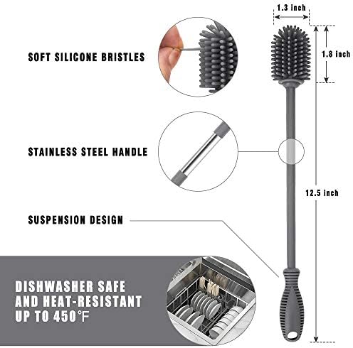 Silicone Bottle Brush with Long Handle, 12.5" Bottle Cleaning Brush, Gray - Image 4