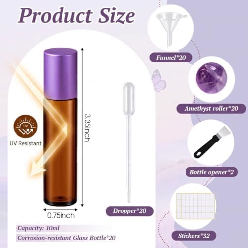 20 Pack Glass Roller Bottles for Essential Oils, 10ml, Purple, Amethyst - Image 3