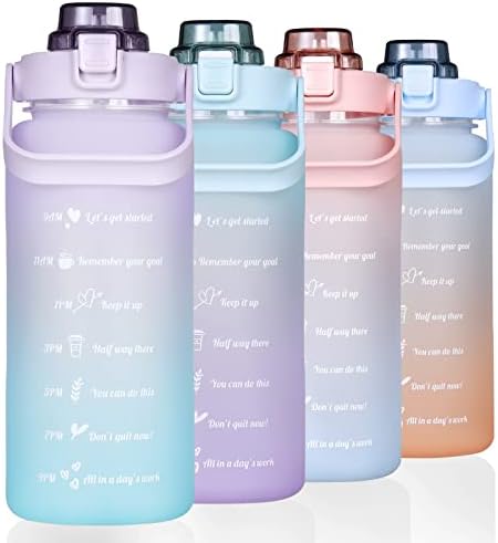 Large Half Gallon 64 OZ Motivational Water Bottle with Straw Time Marker BPA Free for Sport and Fitness Purple Green