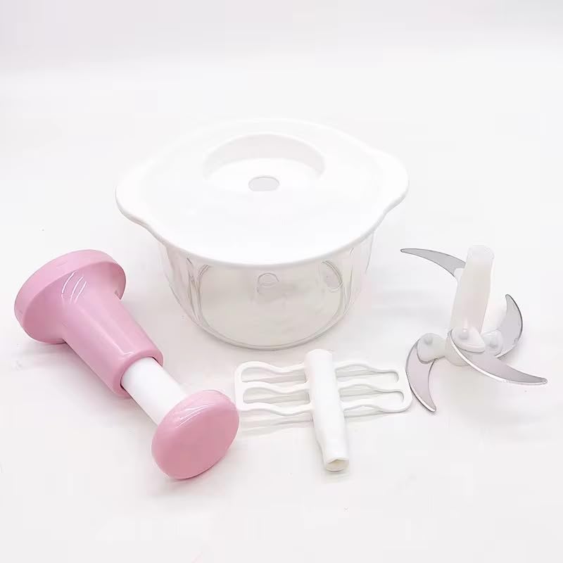 Manual Food Chopper, Hand Push for Perfect Texture, Vegetable and Meat Mincer with Stainless Steel Blades, Clear Bowl (Pink) by Unknown