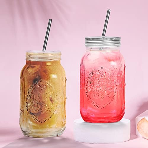 Smoothie Cups, Glass Mason Drinking Jar, 24oz Smoothie Cups with Lid and Stainless Steel Straw, Drinking Mugs, Tea Cup Travel Mug, Ideal for Juice, Milk (Pack Of 2, Clear)