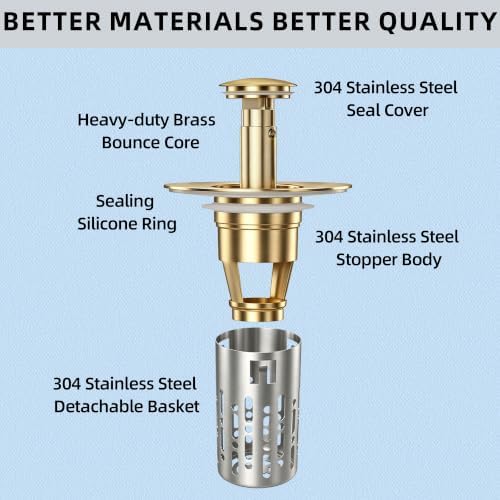 Bathroom Sink Stopper 3 in 1 Bathroom Sink Drain Strainer Universal Pop Up Sink Stopper with Removable Hair Catcher Anti-Clog Filter Basket Brass & Stainless Steel Brushed Gold 1 PC