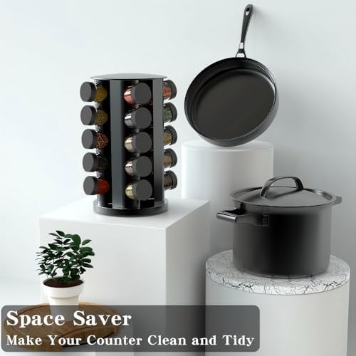 Rotating Spice Rack Organizer for Cabinet, Spice Racks Storage with 20 Jars, Spinning Spice rack for Kitchen Countertop, Spice Holder,Seasoing Storage Racks, Black