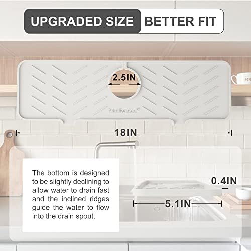 Silicone Faucet Mat for Kitchen Sink – Gen 2 Splash Guard with Upgraded Outlet & Slope – 18” x 5.1” Water Catcher & Sink Sponge Holder for Kitchen and Bathroom (Beige)