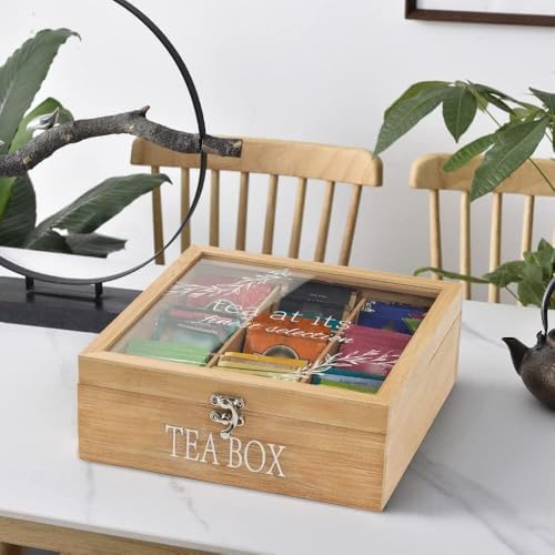 Bamboo Tea Box Organizer,Rustic Tea Storage with 9-Slot