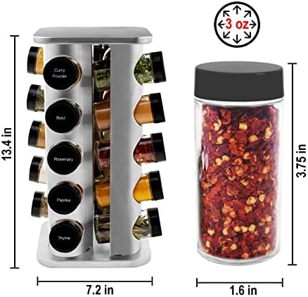 20 Jar Rotating Spice Rack with Spices Included & 5-Year Free Spice Refill Program – Stainless Steel Countertop Spice Rack with 3 oz Glass Jars
