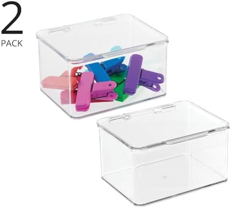 Plastic Kitchen Pantry and Fridge Storage Organizer Box Containers with Hinged Lid for Shelves or Cabinets, Holds Food, Snacks, Canned Drinks, Seasoning, Condiments, or Utensils, 2 Pack, Clear