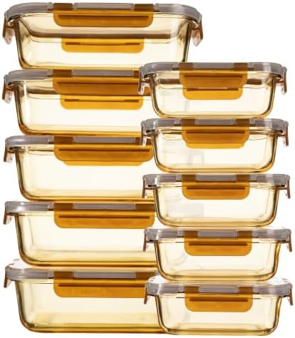 10 Pack Amber Glass Meal Prep Containers 34oz & 12oz with Leak Proof Lids