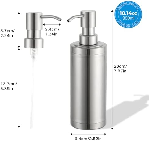 Brushed Nickel Soap Dispenser Stainless Steel Metal Pump Hand Lotion Bottle for Bathroom, Bedroom and Kitchen(300ML/10.15Ounce)