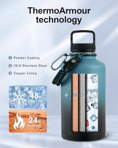 64 oz Water Bottle Stainless Steel with 3 Lids, Paracord Handle & Bag