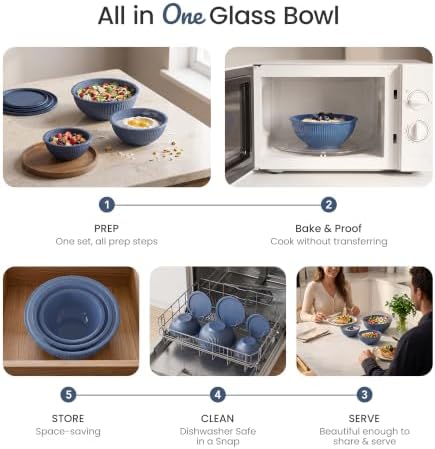 GENICOOK 3 Set Blue Ribbed Glass Mixing Bowls Set with Lids, BPA Free - Image 3