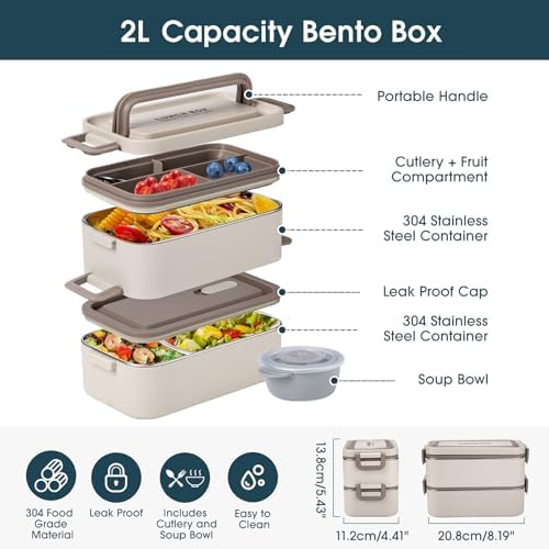 Kids Adults Stainless Steel Lunch Box, 2 Layer, Leak-Proof, Beige