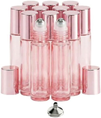 PrettyCare 12 Pack, 10 ml Essential Oil Roller Bottles with Stainless Steel Roller Ball - Refillable Leak-proof Empty Thick Pink Glass Roll on Bottles with Pink Caps for Travel, Perfume by PrettyCare