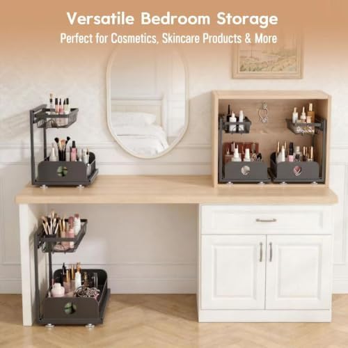 Under Sink Organizer, 2 Pack Under Kitchen Cabinet Organizer, Height Adjustable Pull Out Mute Slide-Out 2 Tier Metal Under Sink Storage for Bathroom, Pantry, Kitchen & Bedroom (Black, 2 Pack)