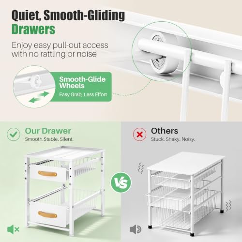 2 Tier Pull Out Cabinet Organizers, Stackable Slide out Drawers, with Sliding Storage Drawer for Kitchen and Bathroom Cabinet Storage, Under Sink or Pantry Organization, White