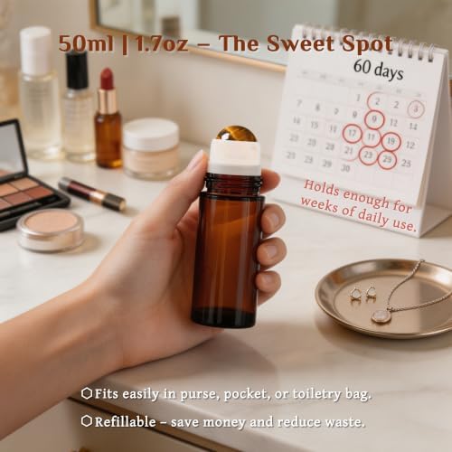 PrettyCare Rose Quartz Roller Bottles for Essential Oils, 50ml Roll On Bottles with Natural Crystal Roller Ball Applicator, Refillable Amber Glass Perfume Bottle (1 Pack, Tiger's Eye Roller) - Image 6