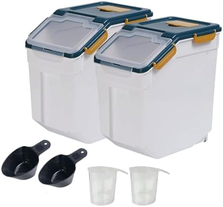2 Pack Large Flour Storage Container 25 lb, Airtight Food Storage Bins with Wheels & Locking Lid, BPA Free Rice Grain Organizer with Measuring Cup, Flour Bin for Kitchen Pantry (Blue)