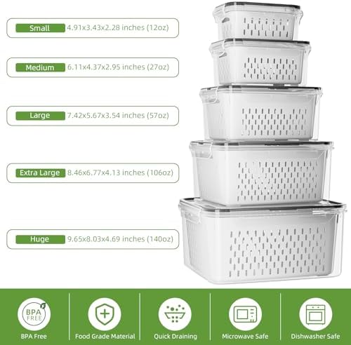 5 Pack Fruit Storage Containers for Fridge with Removable Colanders - Food Storage Containers with Lids, BPA-Free Produce Containers Keep Fruits, Vegetables, Berry, Meat Fresh Longer