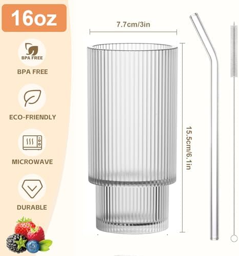 16OZ Ribbed Glass Cups with Lids and Straws,Iced Coffee Cups with Bamboo Lid,Vintage Glassware for Whiskey Cocktail Beer Fruit Juice Glasses Tumbler(2 Pack)