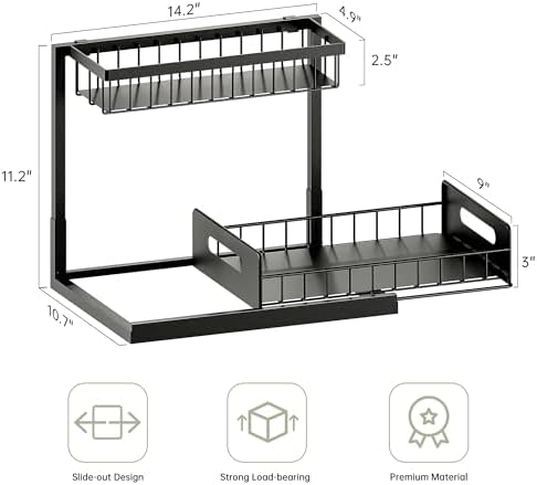 Under Sink Organizer and Storage, Slide Out Cabinet Organizer, Pull Out Sink Shelf for Kitchen Bathroom Laundry, 2 Pack Black
