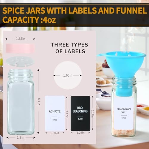 24 Glass Spice Jars with Labels, Spice Jar Set, 4oz Seasoning Containers, Spice Containers with Pink Airtight Lids and Shaker Lids, Square Empty Spice Bottles, 492 Labels, 1 Funnel