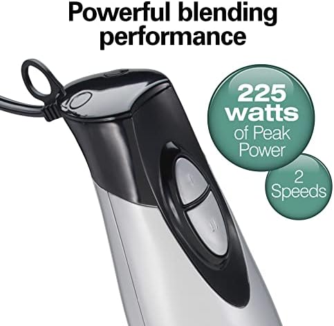 4-in-1 Electric Immersion Hand Blender with Handheld Blending Stick, Whisk + 3-Cup Food & Vegetable Chopper Bowl, 2-Speeds, 225 Watts, Silver and Stainless Steel (59765)