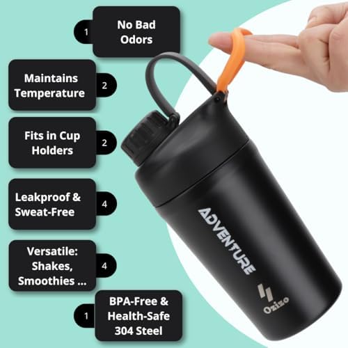 Ozizo 2 Pack Stainless Steel Insulated Protein Shaker Bottle for Protein Mixes, 28oz Leak Proof Shaker Cup with Wire Whisk Ball, White and Blue - Image 2