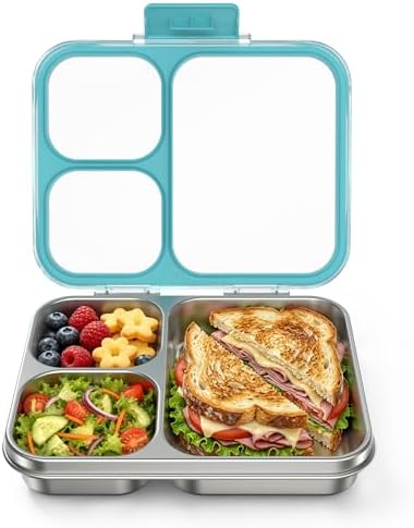 Stainless Steel Bento Lunch Box 3-Compartment, 4.2Cups, Blue