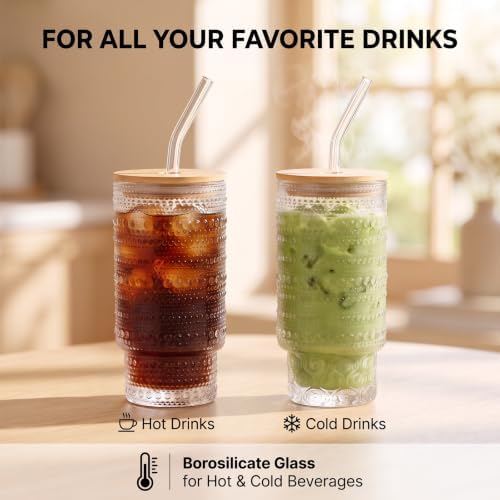 Glass Cups with Lids and Straws, 2 Pack 16 oz Hobnail Iced Coffee Cups with Bamboo Lids, Vintage Borosilicate Glass Tumblers for Water, Juice, Smoothies and Matcha