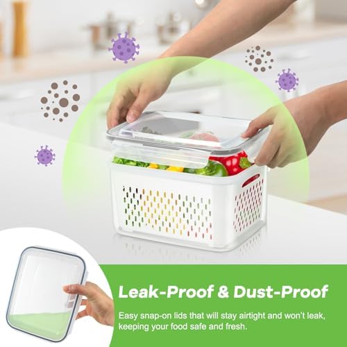 12 Pieces Fruit Storage Containers for Fridge Organizers and Storage, 6 Pack Large Produce Saver with Airtight Lid & Colander for Berry Lettuce Salad Vegetable Storage, Refrigerator Organizer