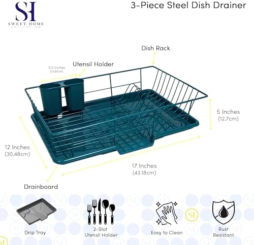 Space-Saving 3-Piece Dish Drainer Rack Set ✅ Efficient Kitchen Organizer for Quick Drying and Storage ✅ Includes Cutlery Holder and Drainboard ✅ Maximize Countertop Space, Blue/Green Teal