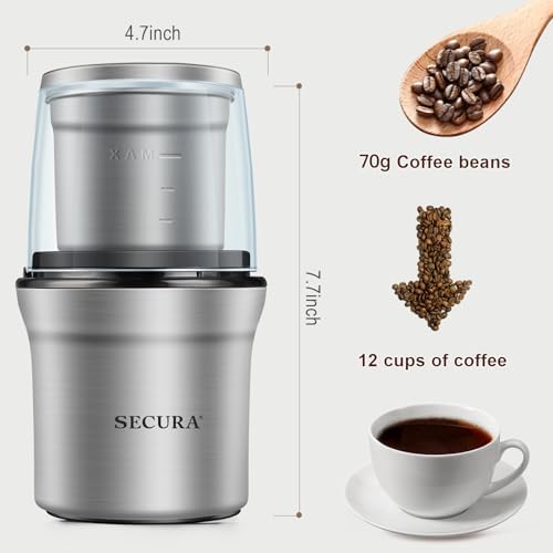 Secura Electric Coffee Grinder and Spice Grinder with Stainless Steel Blades, 1 Removable Bowl, Stainless (Pack of 4) - Image 6