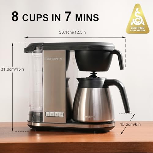 Enthusiast 8 Cup Drip Coffee Brewer, Pour Over, SCA Certified Coffee Machine with Thermal Carafe, Stainless Steel Panel, Removable Reservoir