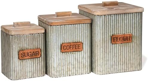Set of 3 Pre-Labeled Sugar, Coffee & Flour Distressed Metal Storage Canister Jars with Wooden Lids
