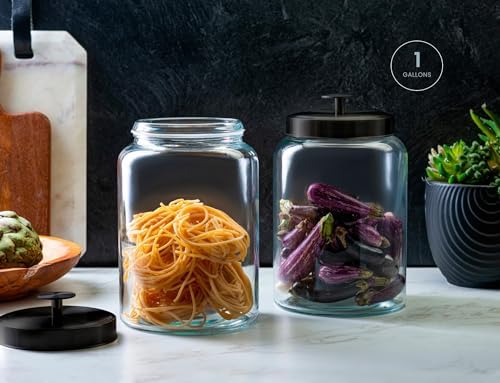 Glass Storage Containers with Lids, Glass Jar with Lid, 1 Gallon, Set of 2, Glass Canister, Storage, Laundry, Kitchen Jar, (Circular, Black)